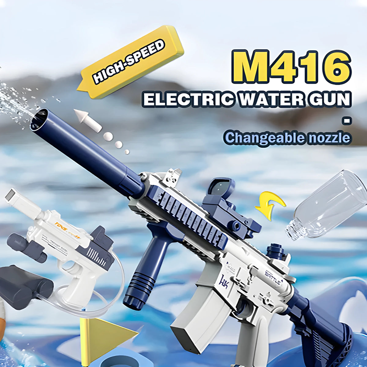 Blue automatic electric water gun toy with USB charging cable on a summer background