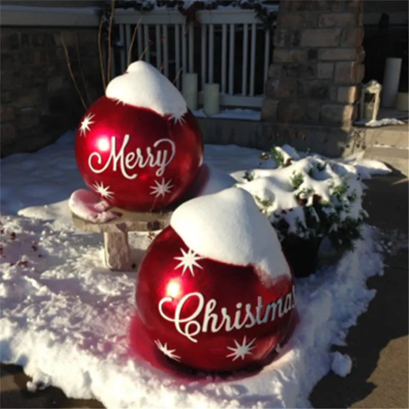 Large 60cm inflatable PVC Christmas decoration ball in bright colours for outdoor garden or tree display.