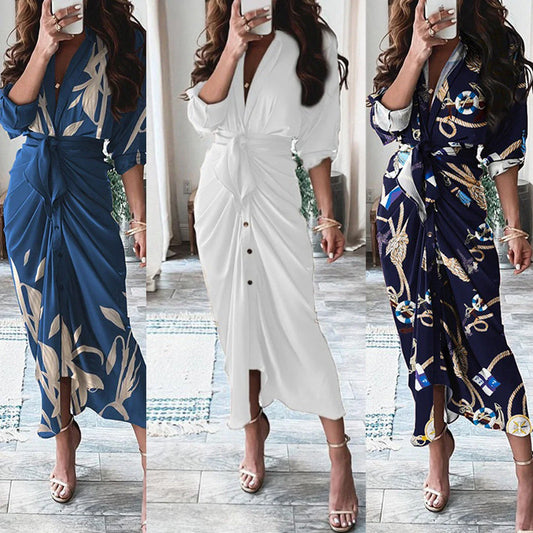 Elegant European and American printed maxi dress with long sleeves and lace-up detailing in various floral prints and colors