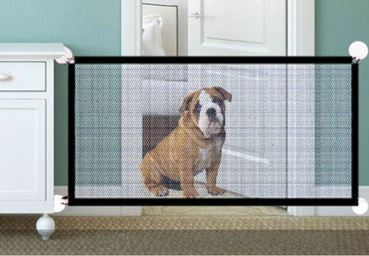 Durable nylon pet gate with foldable design for indoor use, creating a safe and secure play area for pets.