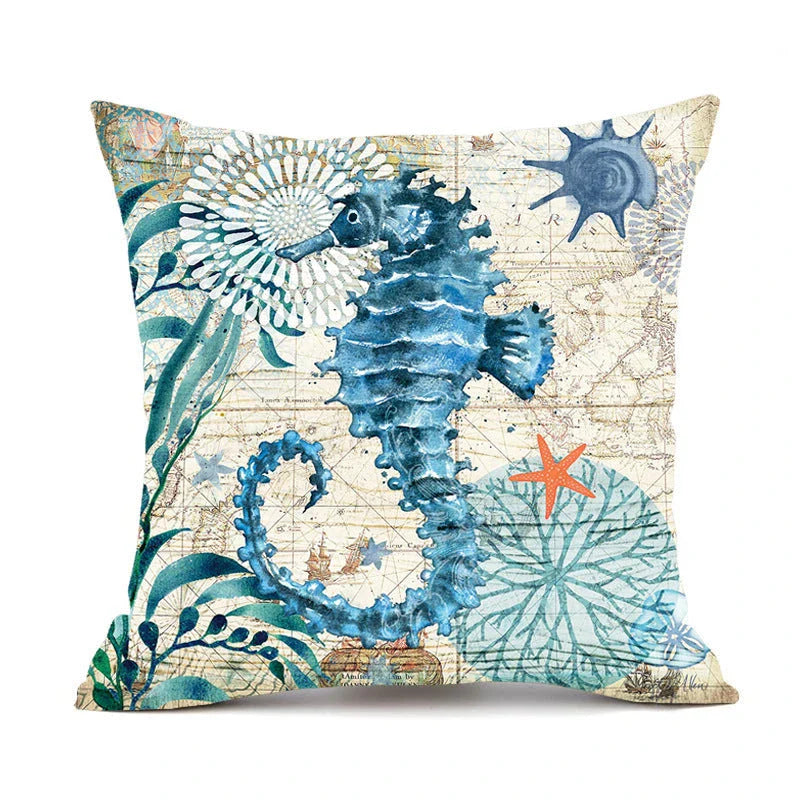 Colorful throw pillow covers featuring vibrant sea creature designs like turtles, octopuses, and seahorses printed on soft, durable linen fabric