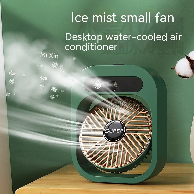Green and white USB rechargeable misting fan humidifier with adjustable head on a desk
