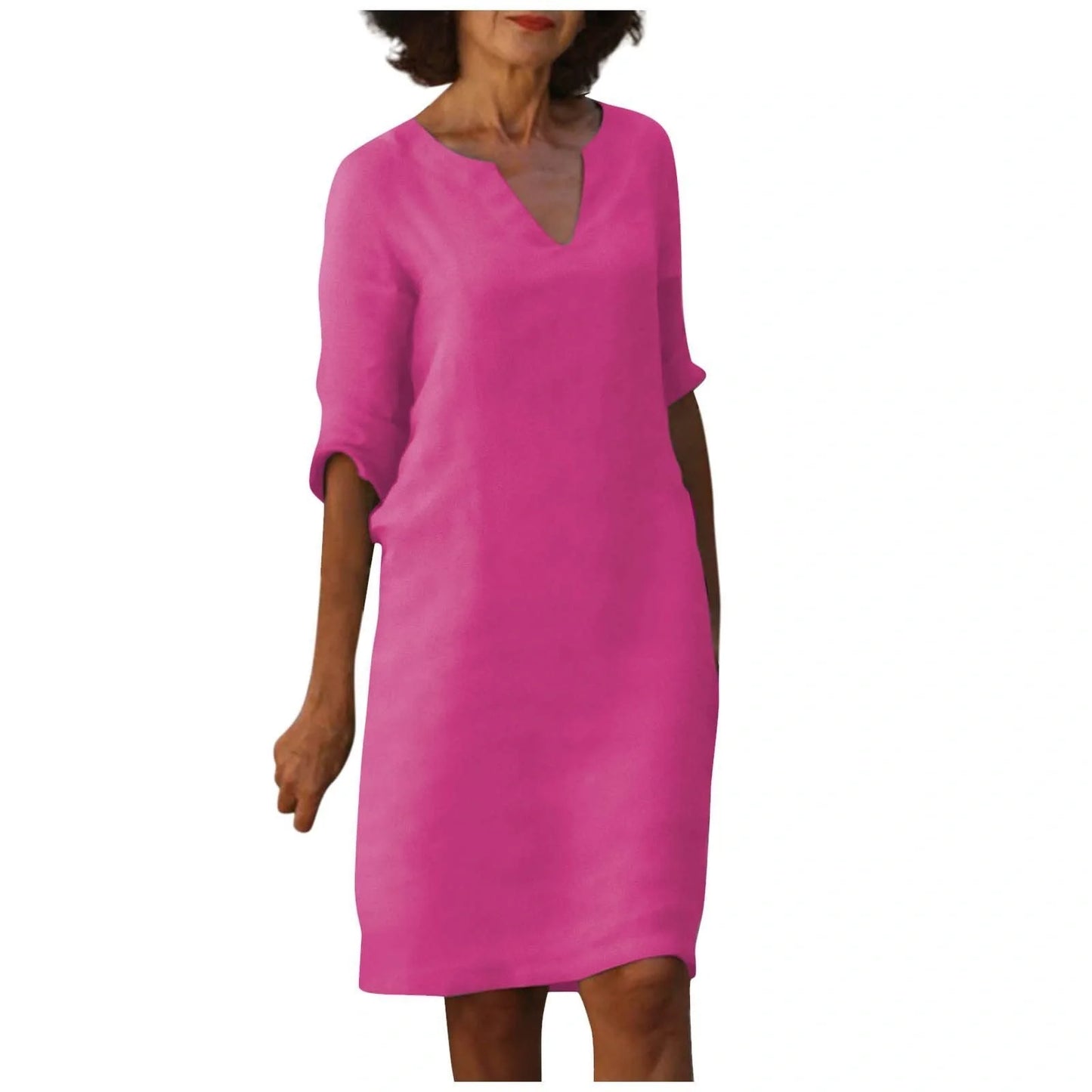 Retro cotton and linen V-neck dress with high waist and summer stitching in various colours