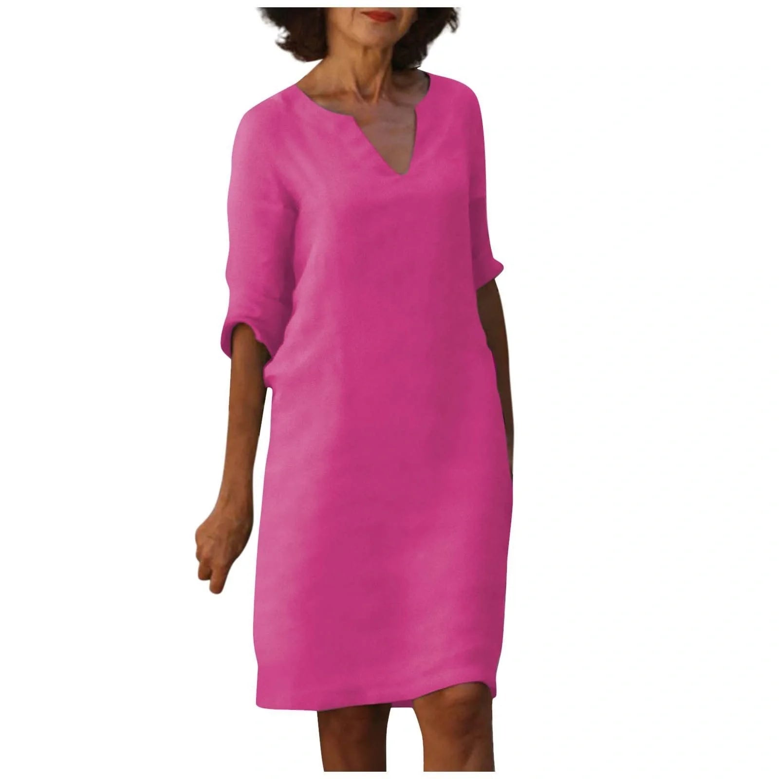 Retro cotton and linen V-neck dress with high waist and summer stitching in various colours