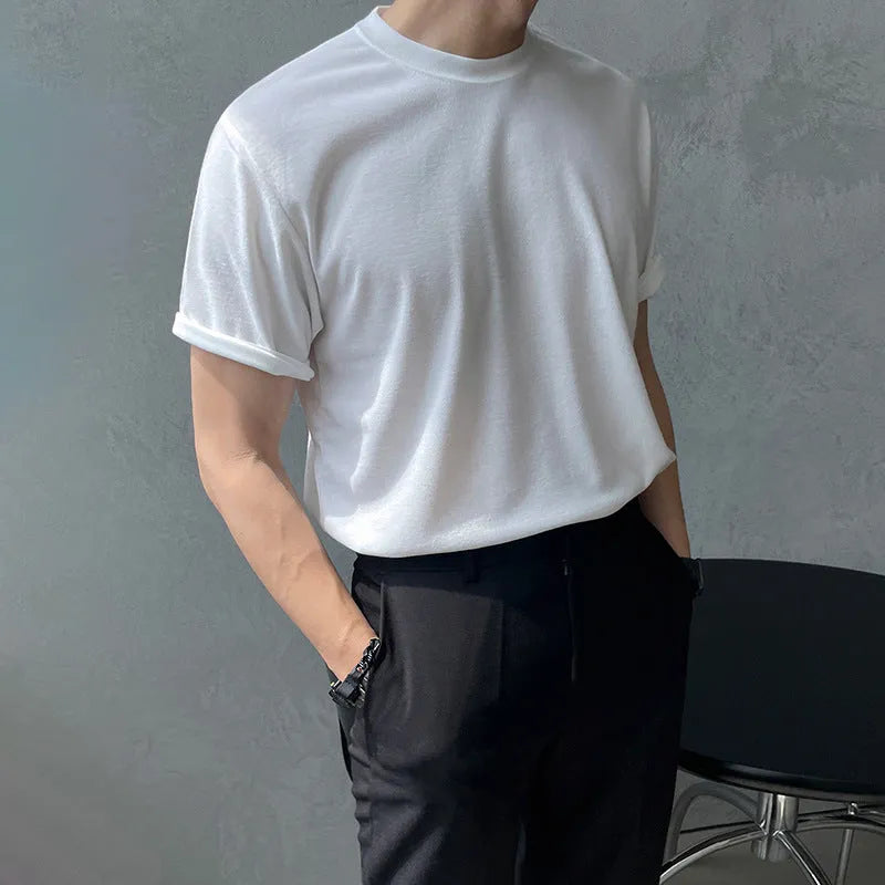 Men's slim-fit cotton half-sleeve T-shirt in black and white colours on a size chart.