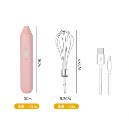 Black handheld electric egg beater with stainless steel beaters and 3-speed control buttons