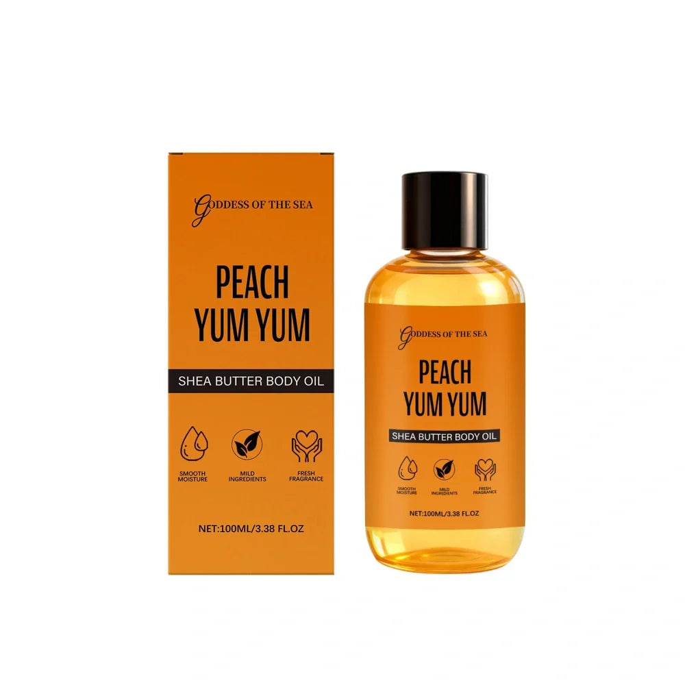 Shea Butter Body Oil bottle with natural ingredients label showing jasmine extract