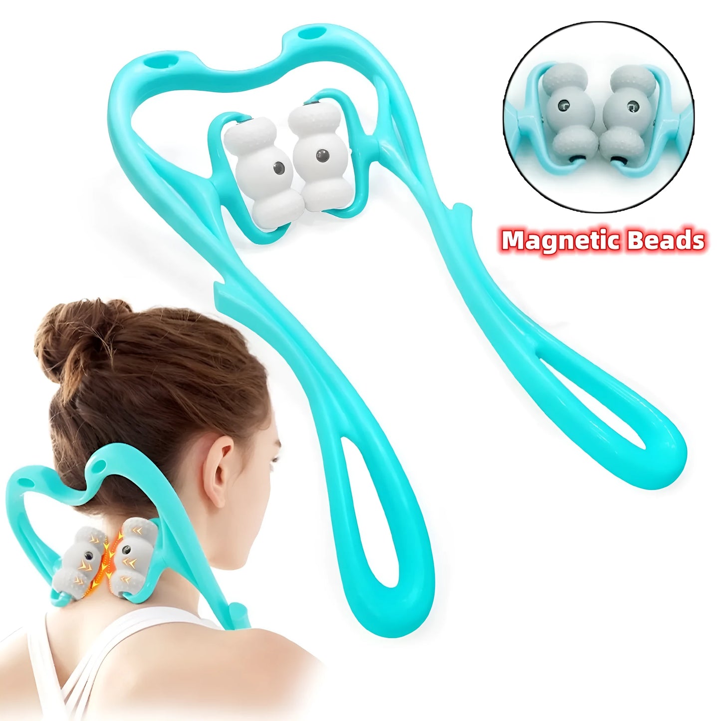 Blue handheld neck massager roller with 96 pressure nodes on a white background.