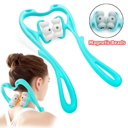 Blue handheld neck massager roller with 96 pressure nodes on a white background.