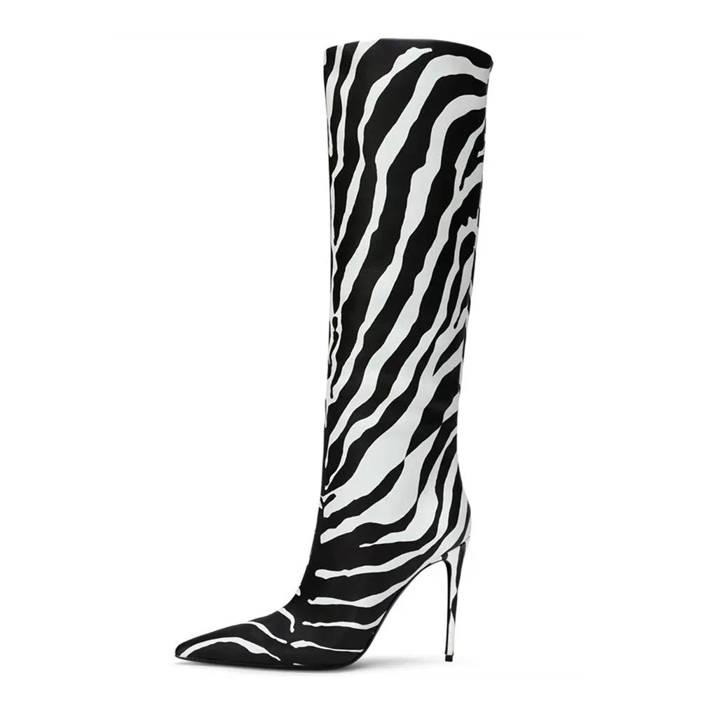 Women's pointed stiletto heel boots in leopard print with side zipper and high cylinder shaft.