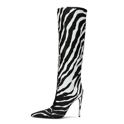 Women's pointed stiletto heel boots in leopard print with side zipper and high cylinder shaft.