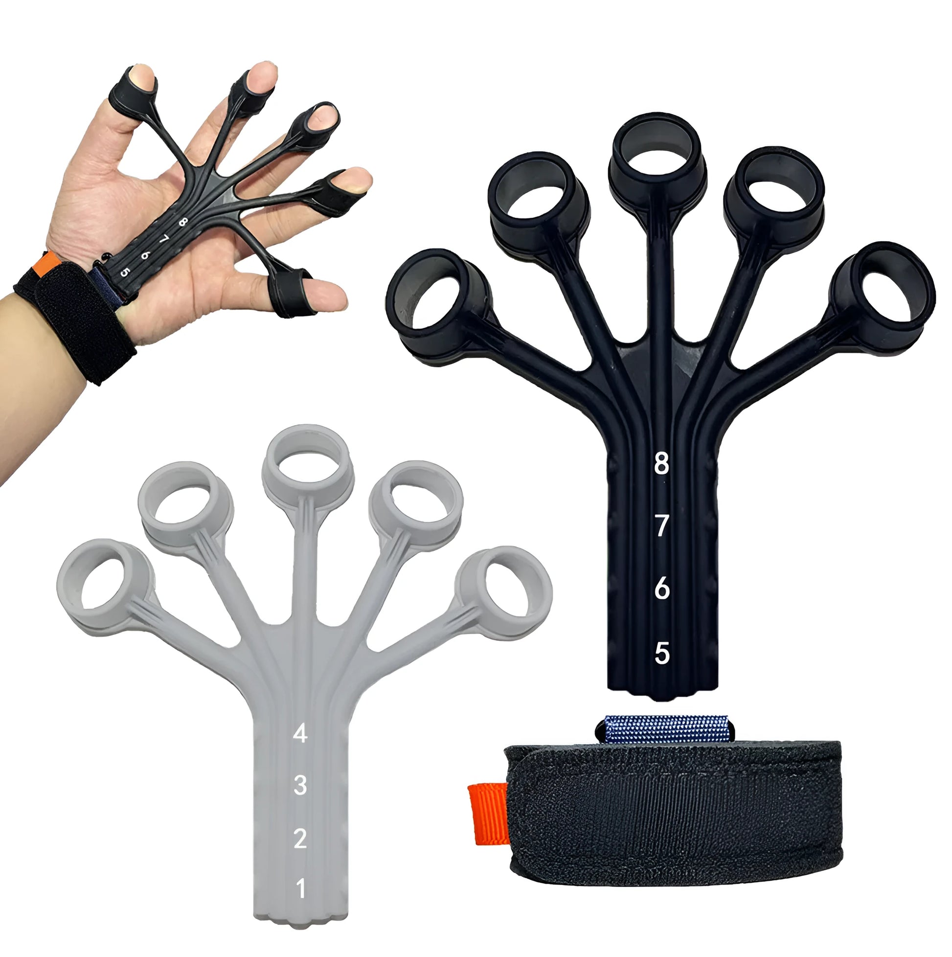 Black silicone finger tension rope trainer with adjustable belt on a grey background.