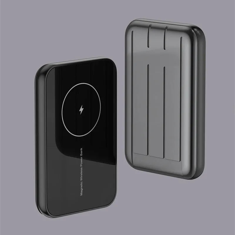 15W magnetic wireless charging power bank 5000mAh in blue, green, and grey, 98x64x16mm