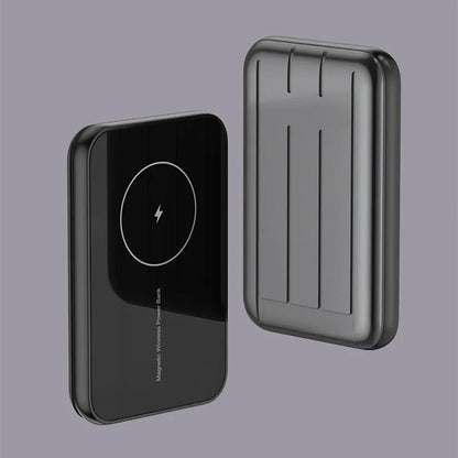 15W magnetic wireless charging power bank 5000mAh in blue, green, and grey, 98x64x16mm