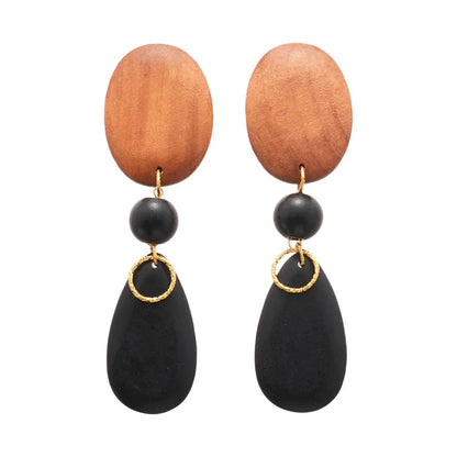 Handmade wooden elliptical earrings in silver brown black colour retro fashion design