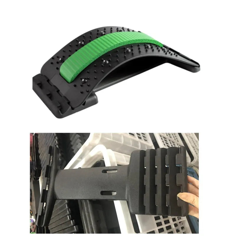 Adjustable back stretcher massager with multiple massage heads for lumbar spine pain relief