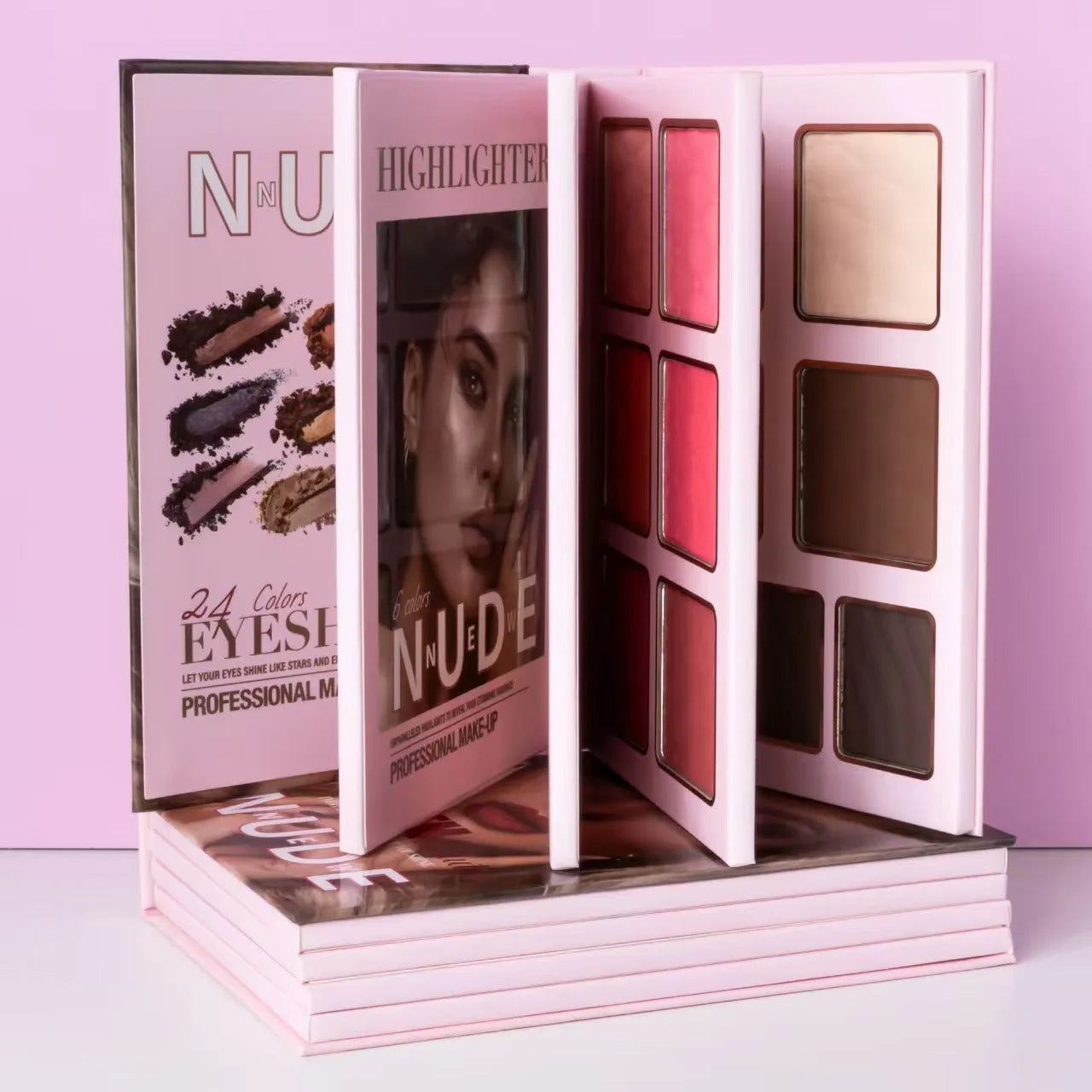 Makeup palette open showing eye shadows, matte blush, shimmer blush, and highlighter powders in shade U137A.
