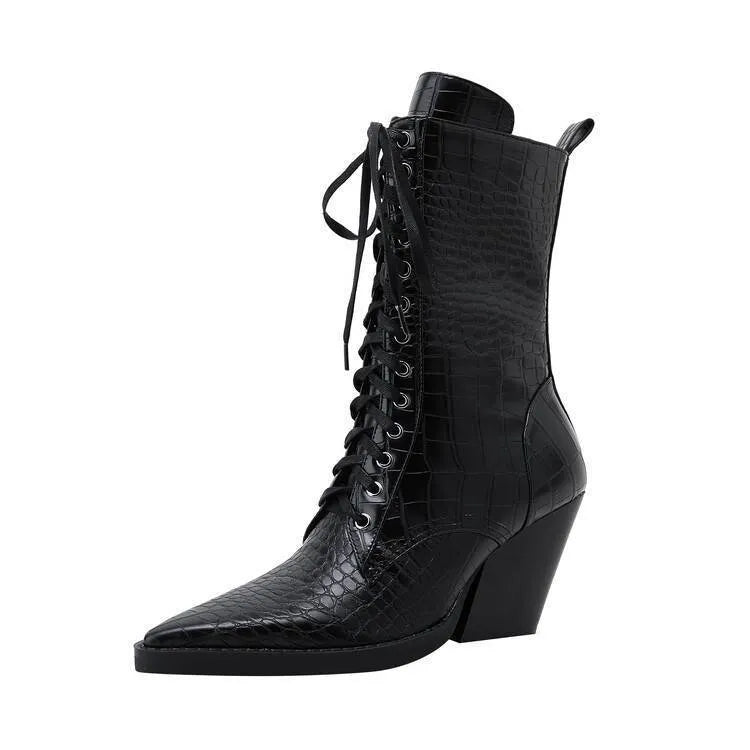 Dark brown women's lace-up ankle boots with a pointed toe and a chunky block heel.