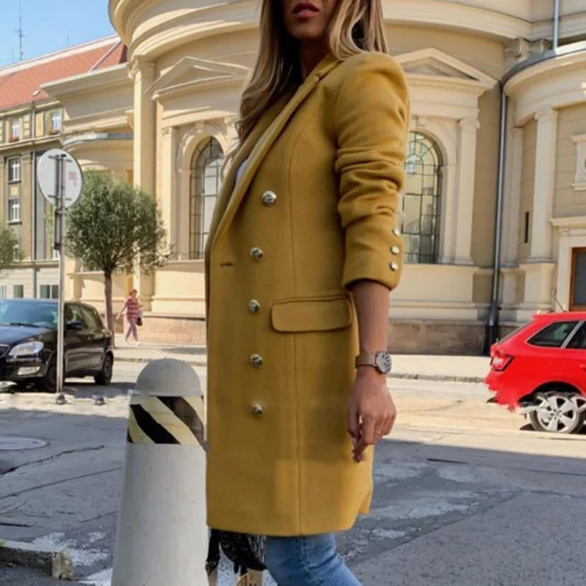 A classic woolly lapel coat with a double-breasted design, featuring a mid-length silhouette and available in black and yellow colours.