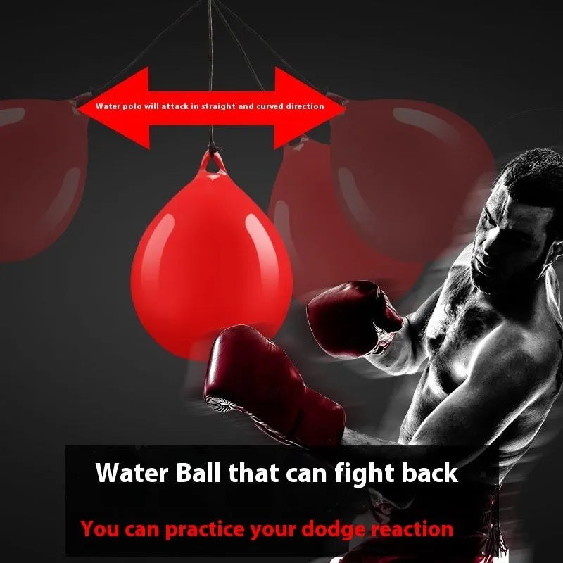 Red water-filled PVC boxing reaction ball with hook rope for hanging speed training drills.