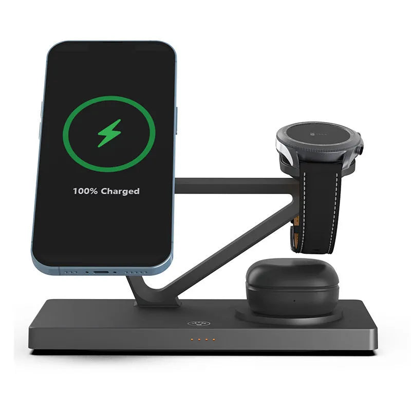 White five-in-one wireless charging night lamp with magnetic phone bracket and circular base.