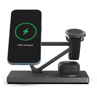 White five-in-one wireless charging night lamp with magnetic phone bracket and circular base.