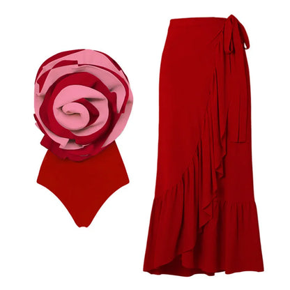 Women's red one-piece nylon swimsuit with matching red skirt laid flat.
