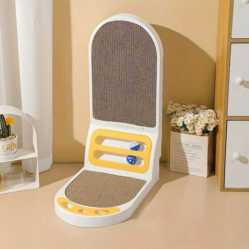Grey L-shape cat scratching board with sisal surface, shown vertical against a wall.