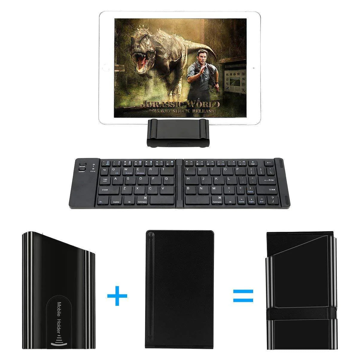 Compact, foldable Bluetooth wireless keyboard with a sleek, minimalist design for use with UK mobile devices