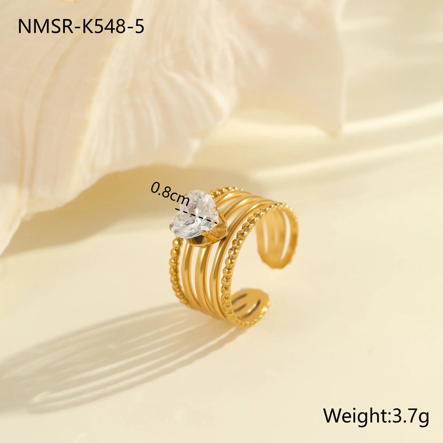 Gold electroplated stainless steel ring with heart shape design and open mouth fitting
