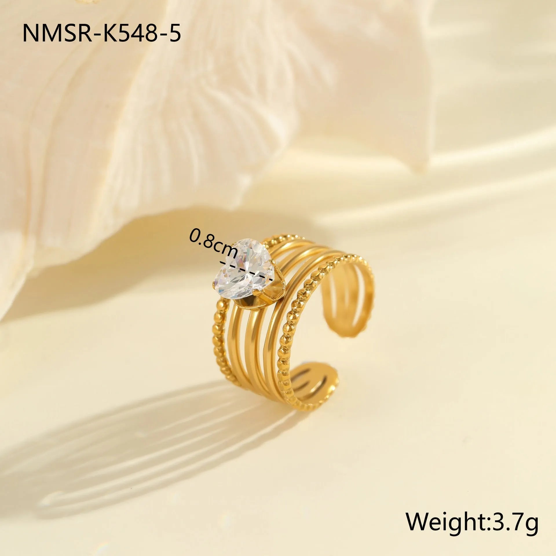 Gold electroplated stainless steel ring with heart shape design and open mouth fitting