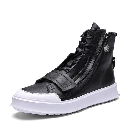 Men's black and white PU leather ankle boots in high-top sneaker style with microfiber upper, sizes 38-43
