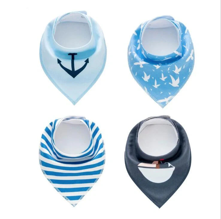 Set of four cotton baby bibs with arrow and wave designs for mess-free feeding