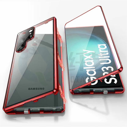 Black magnetic mirror phone case for Samsung Galaxy S24 Ultra showing peep-proof screen and integrated magnetic ring