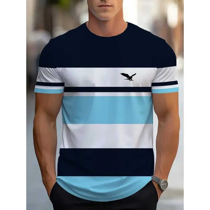 Men's loose fit digital printed T-shirt with striped pattern and short sleeves