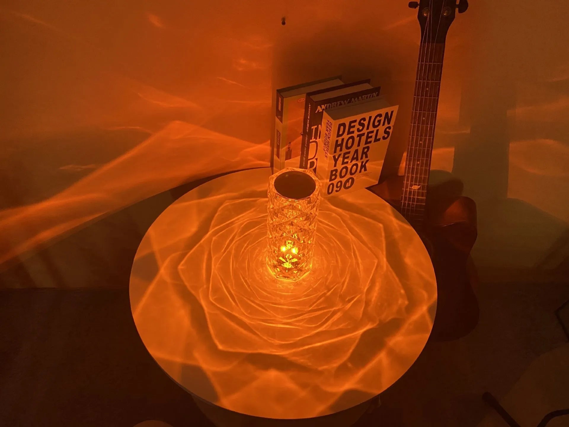 LED rose diamond table lamp with touch switch and three-colour light modes on a wooden table