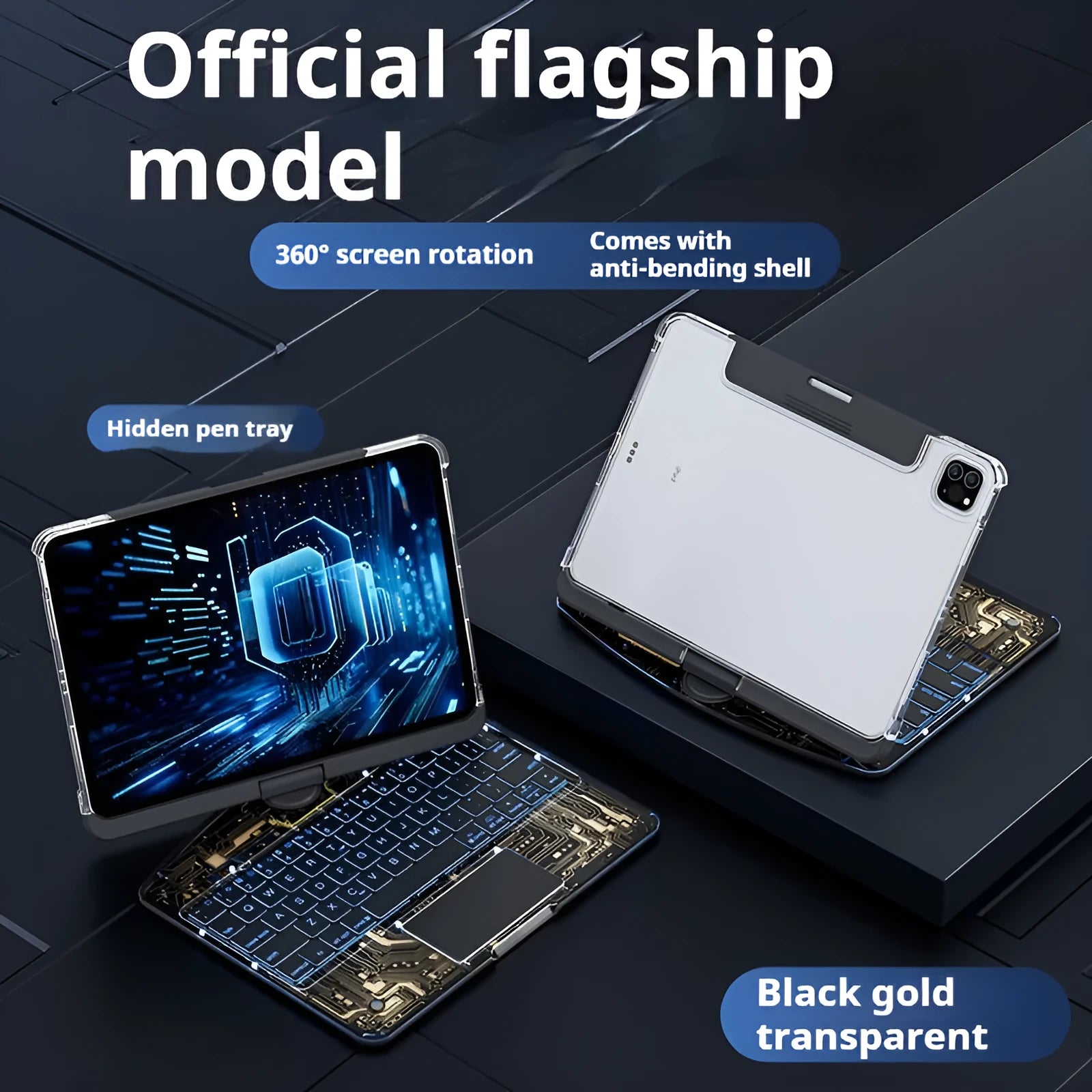 Transparent rotating keyboard case for iPad Air 5 with detachable Bluetooth keyboard open.