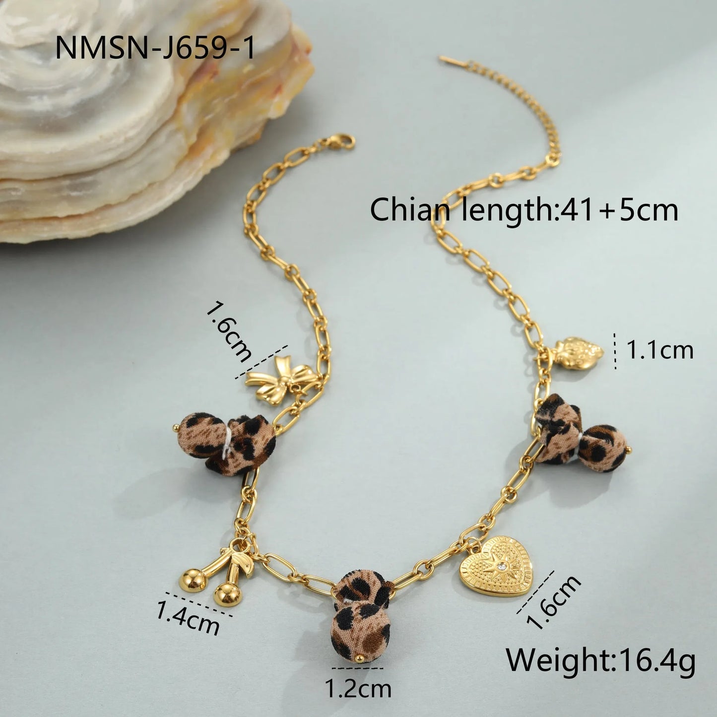 Women's adjustable stainless steel necklace with geometric leopard pendant featuring heart and flower decorative elements