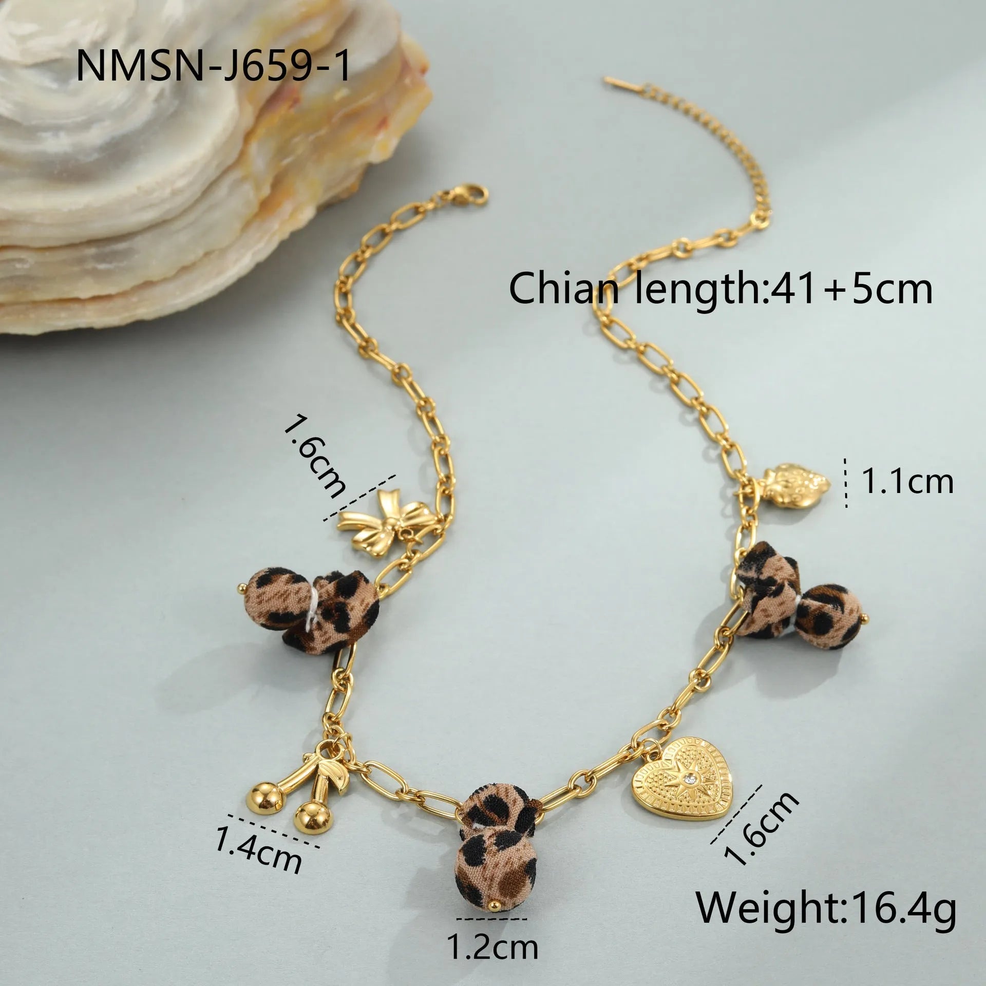 Women's adjustable stainless steel necklace with geometric leopard pendant featuring heart and flower decorative elements