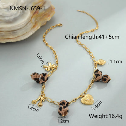 Women's adjustable stainless steel necklace with geometric leopard pendant featuring heart and flower decorative elements