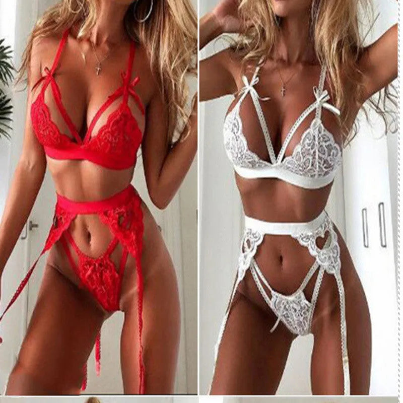 Red and white lace lingerie set with detailed lace pattern, available in sizes S to XL
