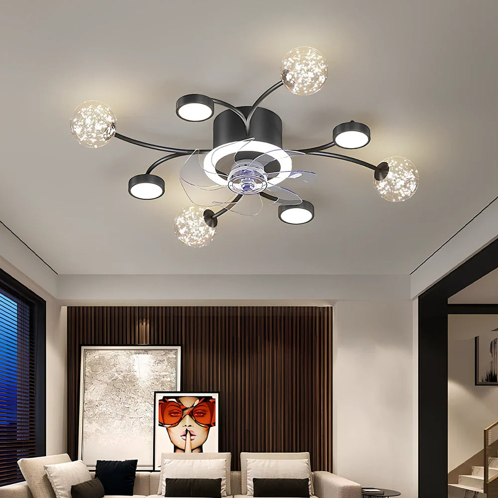 Modern ceiling fan lamp with circular PMMA shade and remote control in black or gold finish