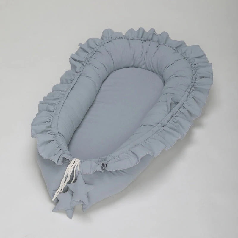 Lace Cotton Baby Bionic Bed Portable in pink, blue, purple, and beige