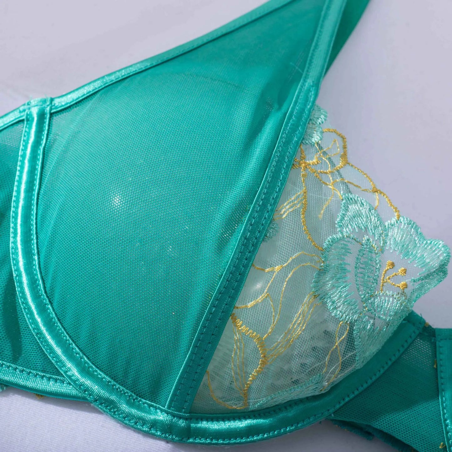 Women's light green embroidery bra set with three-point design