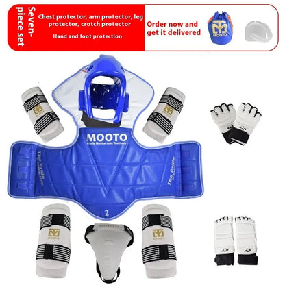 Taekwondo protective gear set in red or blue with four to eight pieces and sizes from 110cm to 190cm