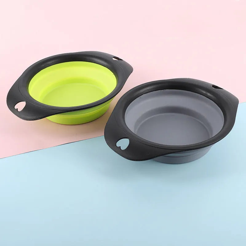 Green silicone pet bowl shown in its full size and collapsed flat for storage.