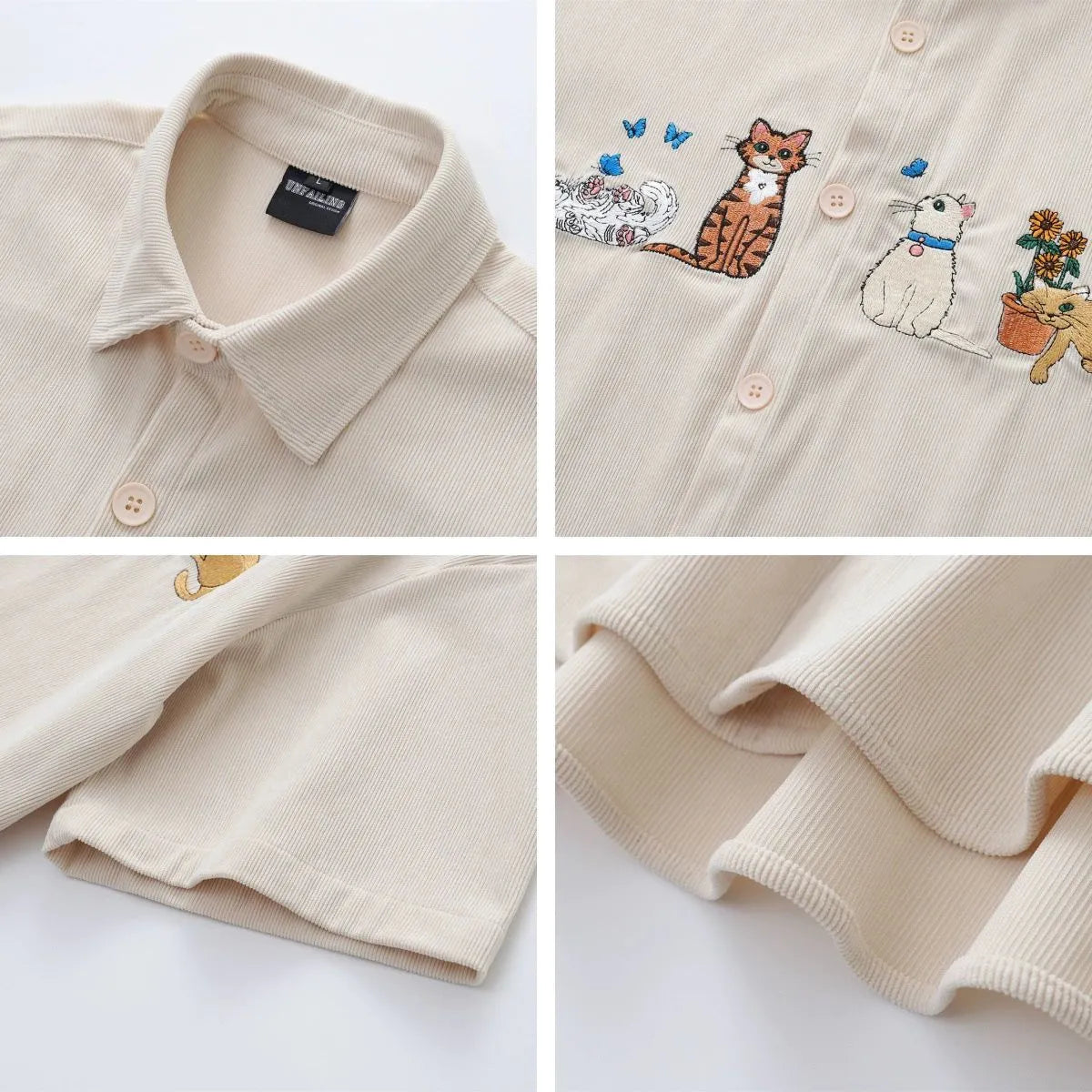 Loose cartoon pattern shirt with embroidery details in apricot, brown, or black