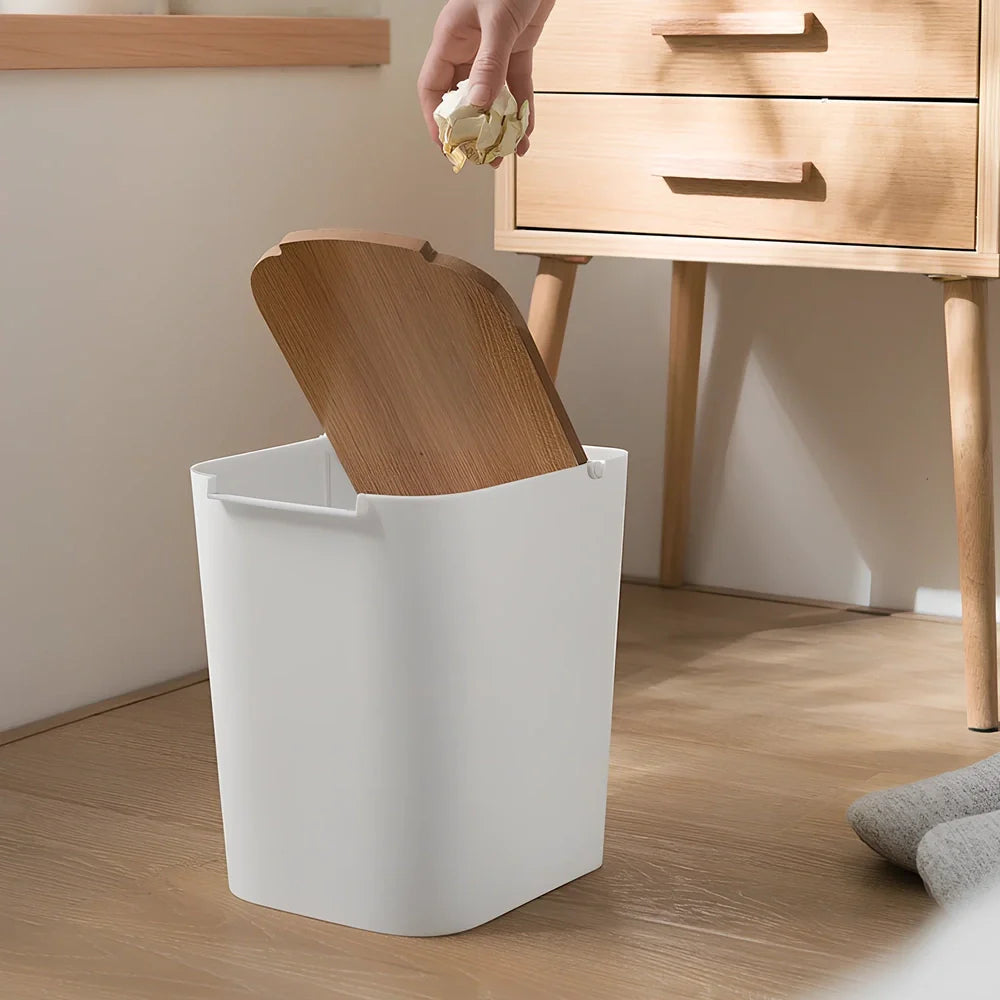 Green rectangular kitchen storage bucket with wooden cover showing 6-litre capacity dimensions