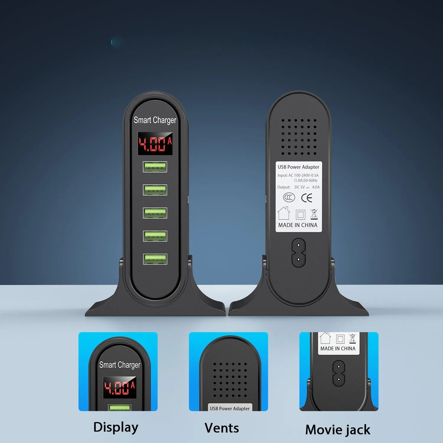 Smart LED digital display charger in black with UK plug, showing voltage readout on screen