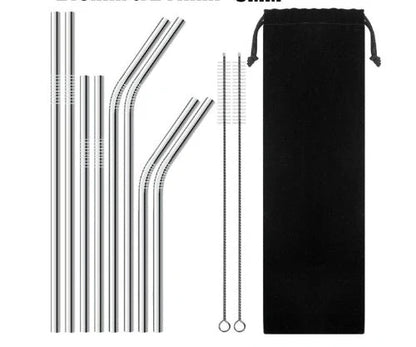 Colourful reusable stainless steel drinking straws with cleaning brush, perfect for eco-friendly sipping.